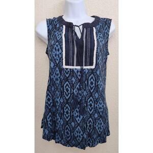 RXB Blue Black Geo Print Lace Trim Around Collar Top Medium Sleeveless Flowy